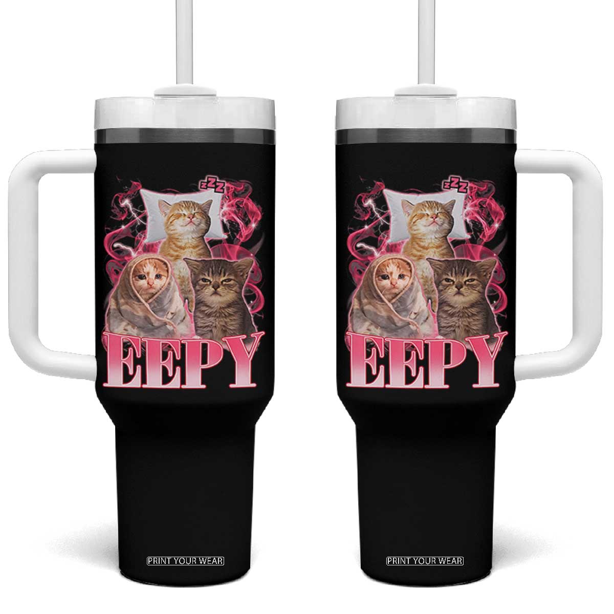Eepy Sleepy Cats Y2K Bootleg Meme Graphic Tumbler With Handle Funny Internet Culture Humor TS02 One Size: 40 oz Black Print Your Wear