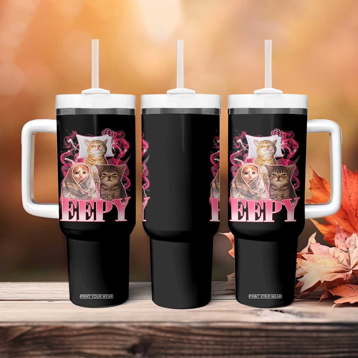 Eepy Sleepy Cats Y2K Bootleg Meme Graphic Tumbler With Handle Funny Internet Culture Humor