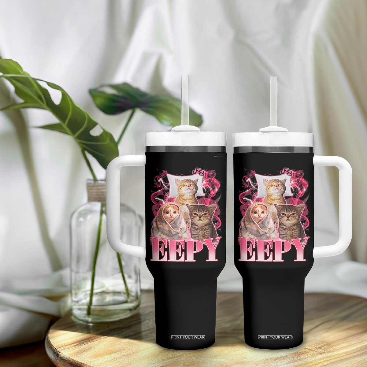 Eepy Sleepy Cats Y2K Bootleg Meme Graphic Tumbler With Handle Funny Internet Culture Humor