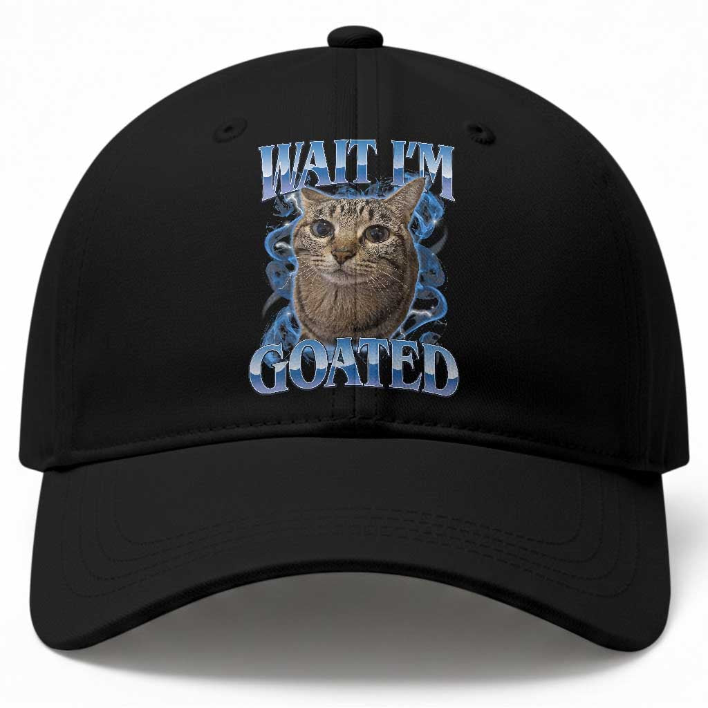 Funny Cat Blue Flame Y2K Bootleg Meme Graphic Baseball Cap Wait Im Goated Retro Internet Culture Humor TS02 Print Your Wear