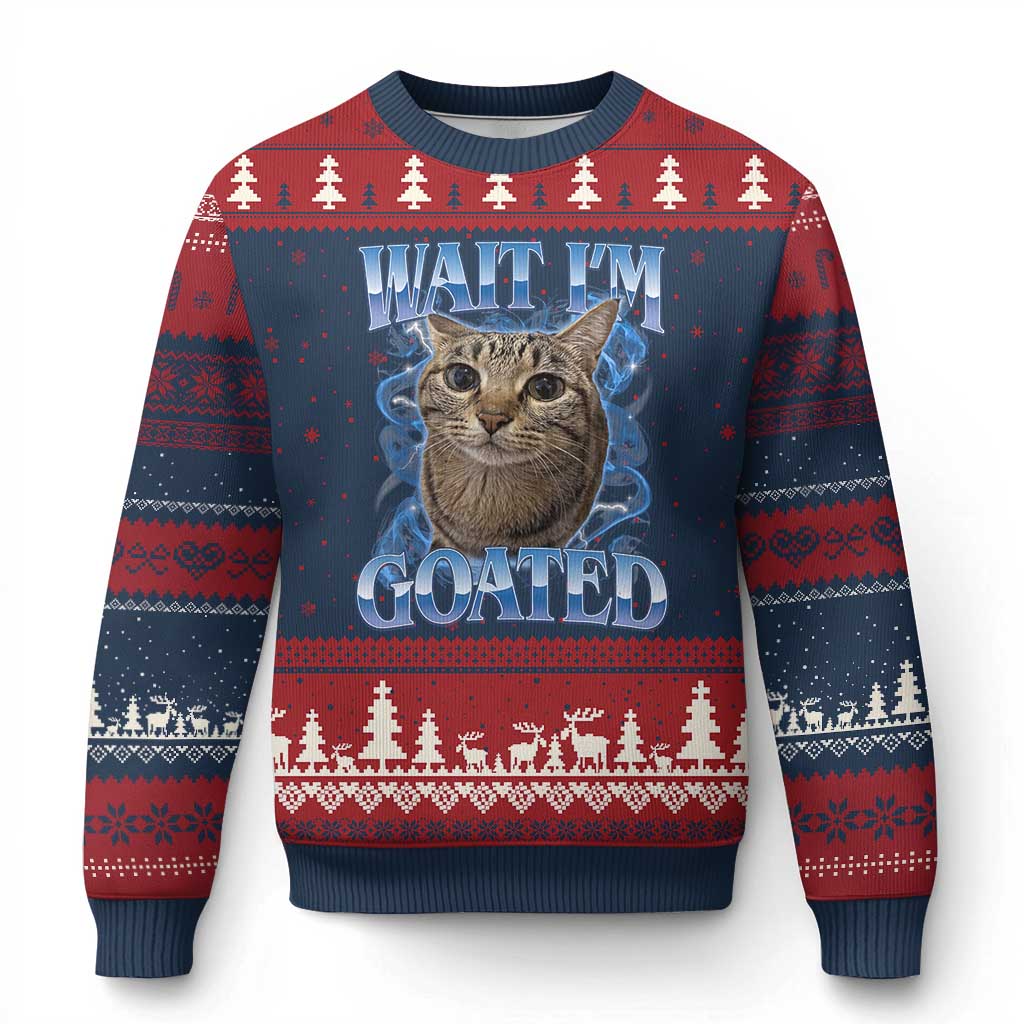 Funny Cat Blue Flame Y2K Bootleg Meme Graphic Ugly Christmas Sweater Wait Im Goated Retro Internet Culture Humor TS02 Navy Red Print Your Wear
