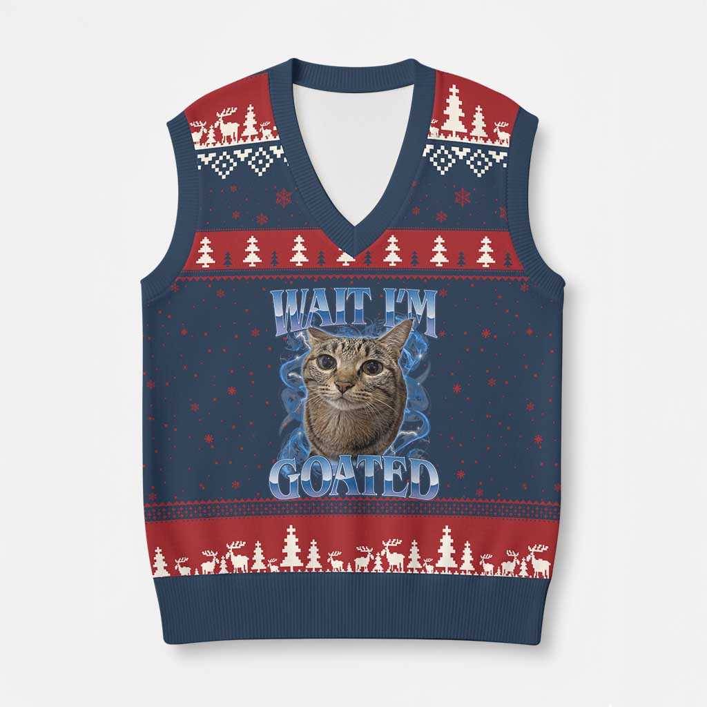 Funny Cat Blue Flame Y2K Bootleg Meme Graphic V-Neck Knit Sweater Vest Wait Im Goated Retro Internet Culture Humor TS02 Navy Red Print Your Wear