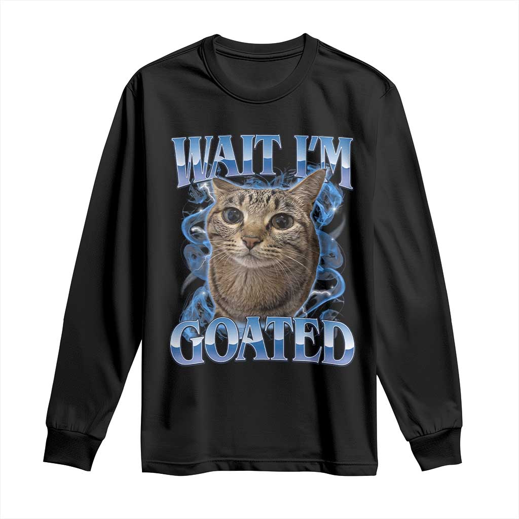 Funny Cat Blue Flame Y2K Bootleg Meme Graphic Long Sleeve Shirt Wait Im Goated Retro Internet Culture Humor TS02 Black Print Your Wear