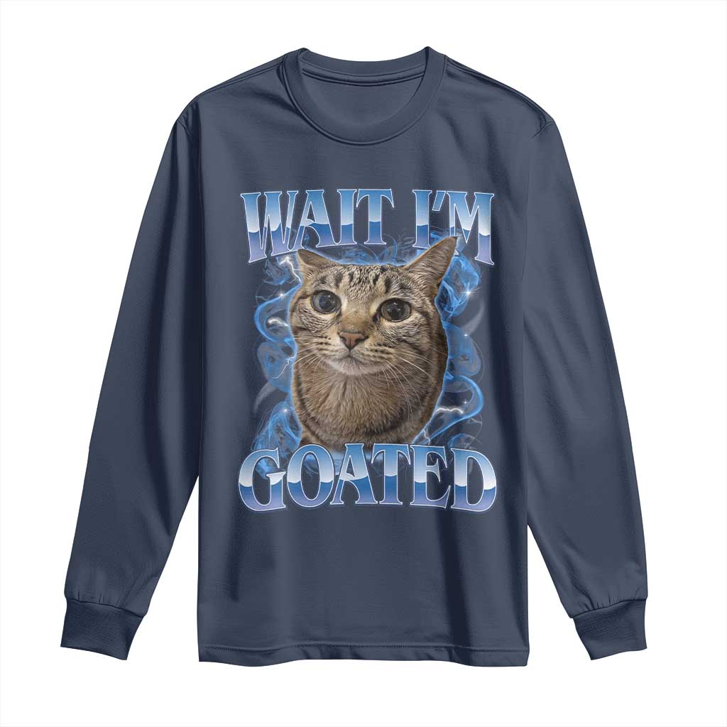 Funny Cat Blue Flame Y2K Bootleg Meme Graphic Long Sleeve Shirt Wait Im Goated Retro Internet Culture Humor