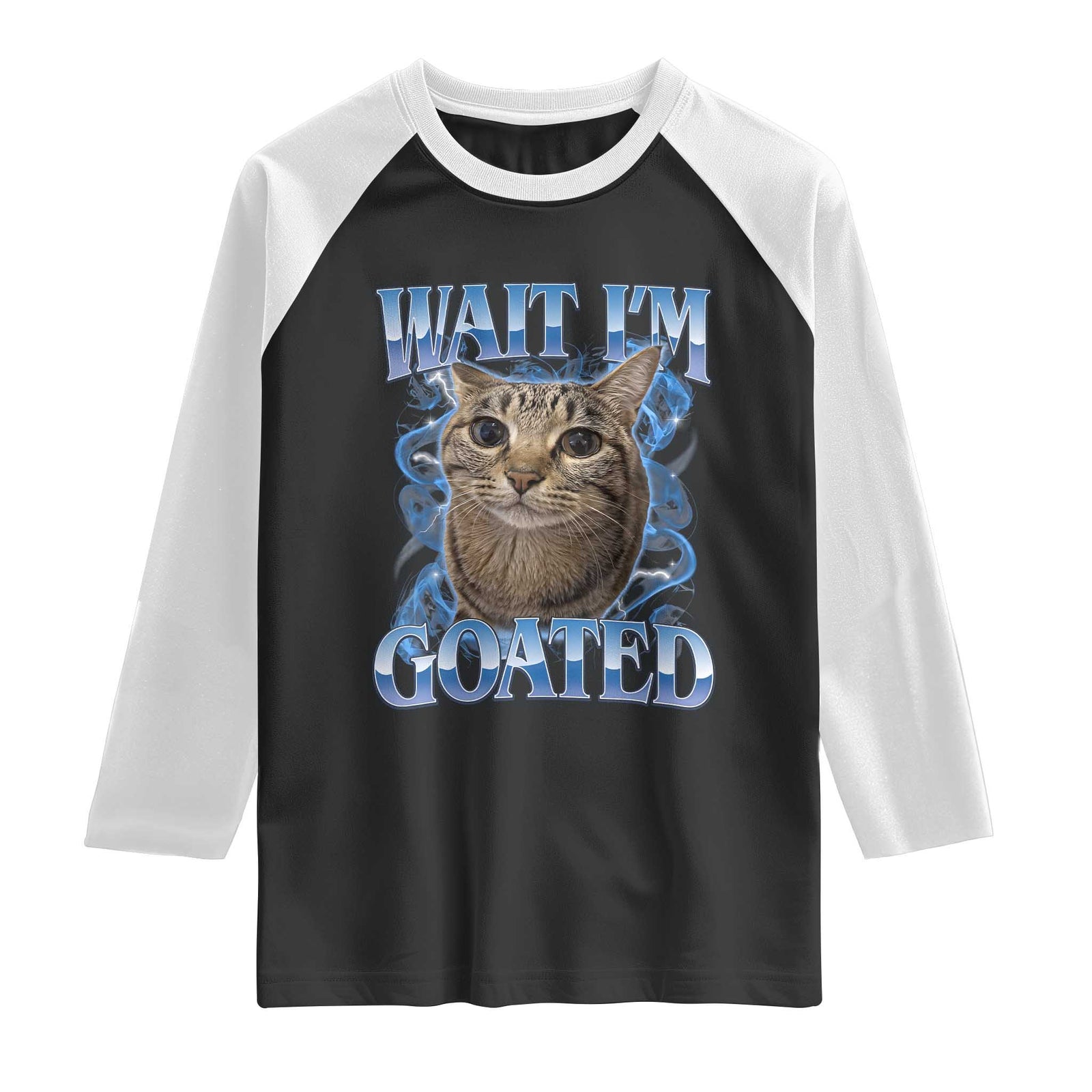 Funny Cat Blue Flame Y2K Bootleg Meme Graphic Raglan Shirt Wait Im Goated Retro Internet Culture Humor TS02 Black White Print Your Wear
