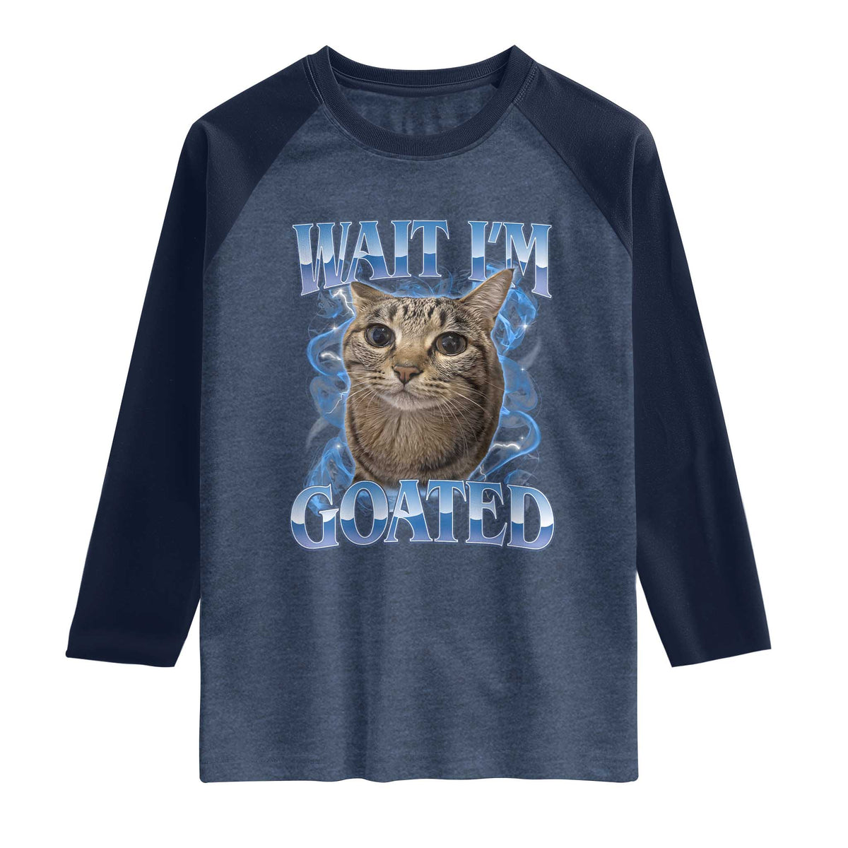 Funny Cat Blue Flame Y2K Bootleg Meme Graphic Raglan Shirt Wait Im Goated Retro Internet Culture Humor