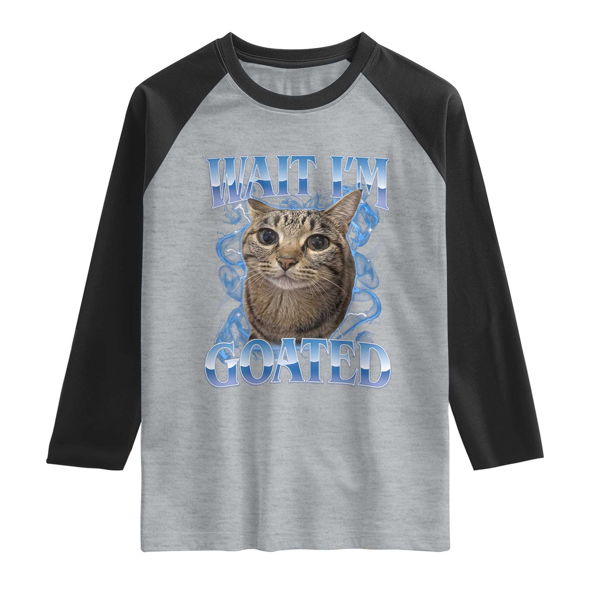 Funny Cat Blue Flame Y2K Bootleg Meme Graphic Raglan Shirt Wait Im Goated Retro Internet Culture Humor