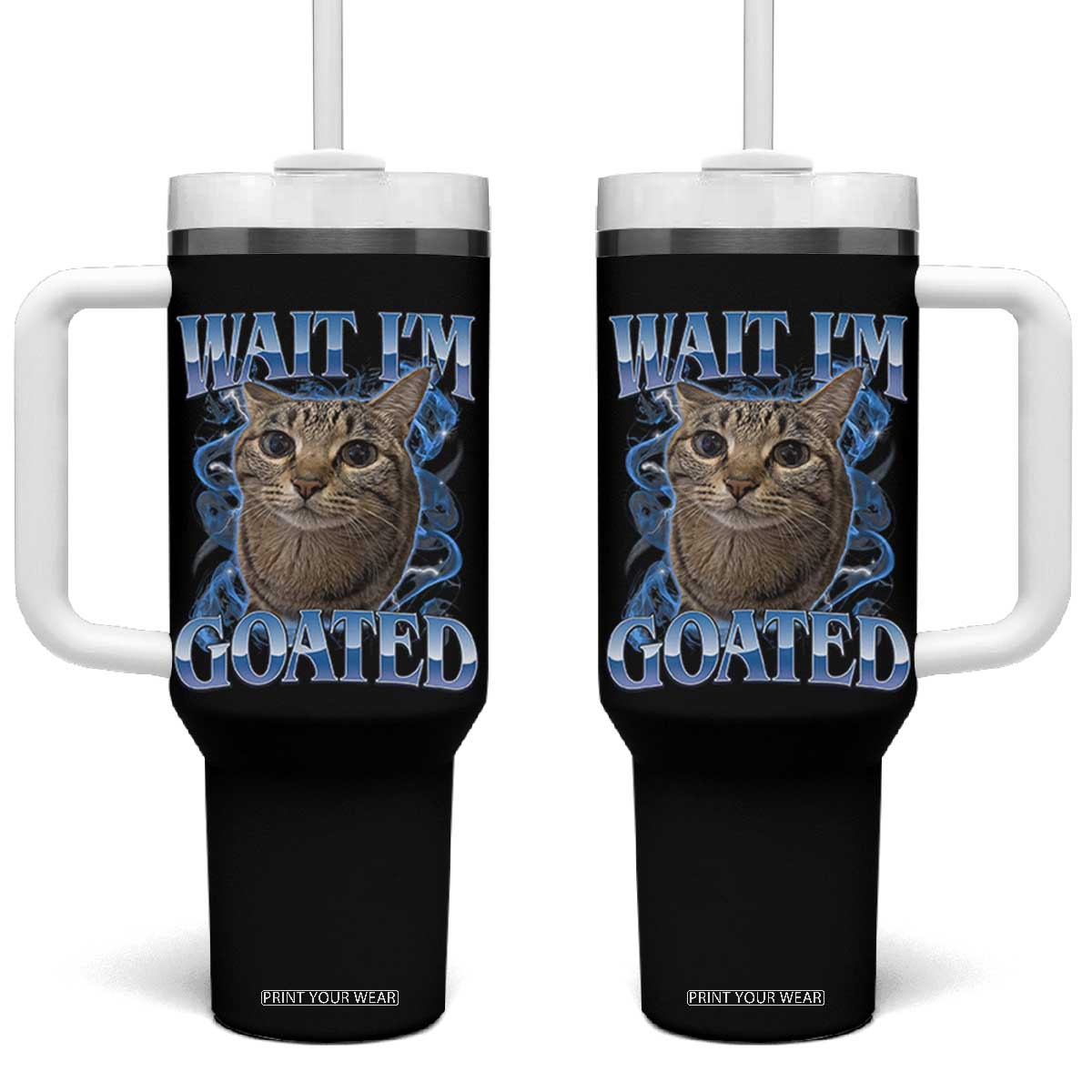 Funny Cat Blue Flame Y2K Bootleg Meme Graphic Tumbler With Handle Wait Im Goated Retro Internet Culture Humor TS02 One Size: 40 oz Black Print Your Wear