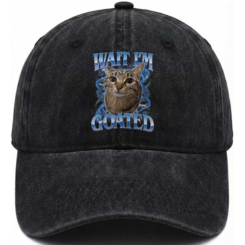 Funny Cat Blue Flame Y2K Bootleg Meme Graphic Washed Cotton Baseball Cap Wait Im Goated Retro Internet Culture Humor TS02 Print Your Wear