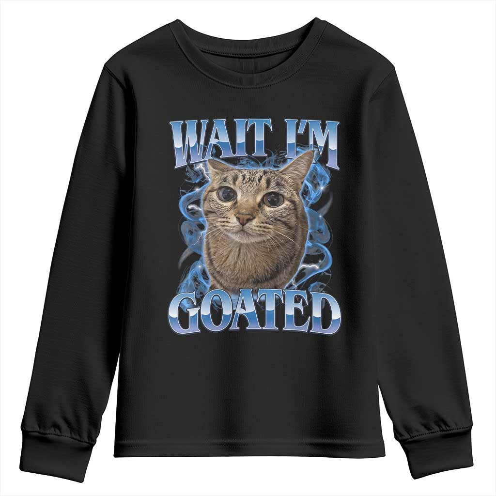 Funny Cat Blue Flame Y2K Bootleg Meme Graphic Youth Sweatshirt Wait Im Goated Retro Internet Culture Humor TS02 Black Print Your Wear