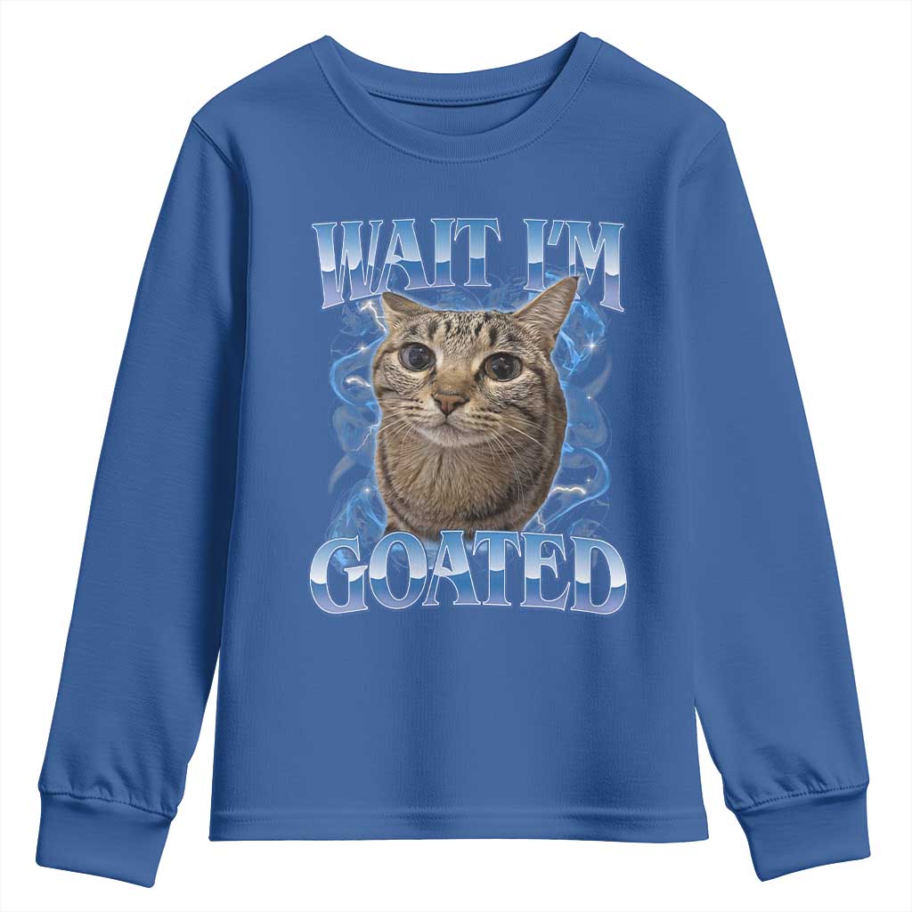 Funny Cat Blue Flame Y2K Bootleg Meme Graphic Youth Sweatshirt Wait Im Goated Retro Internet Culture Humor