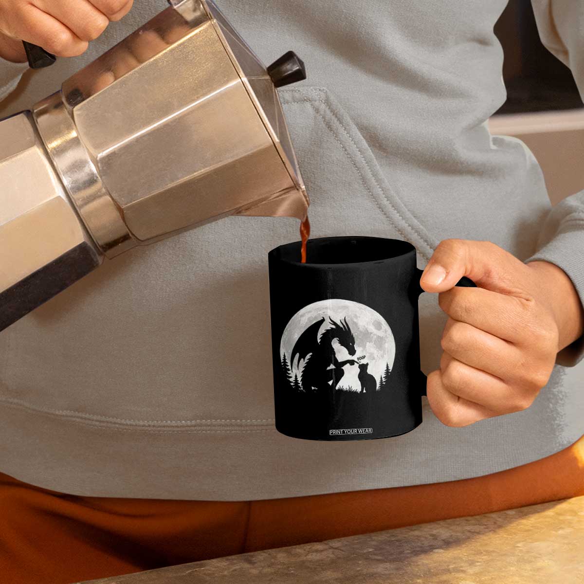 Dragon Boop Cat Full Moon Graphic Coffee Mug Cute Fantasy Animal RPG Gamers
