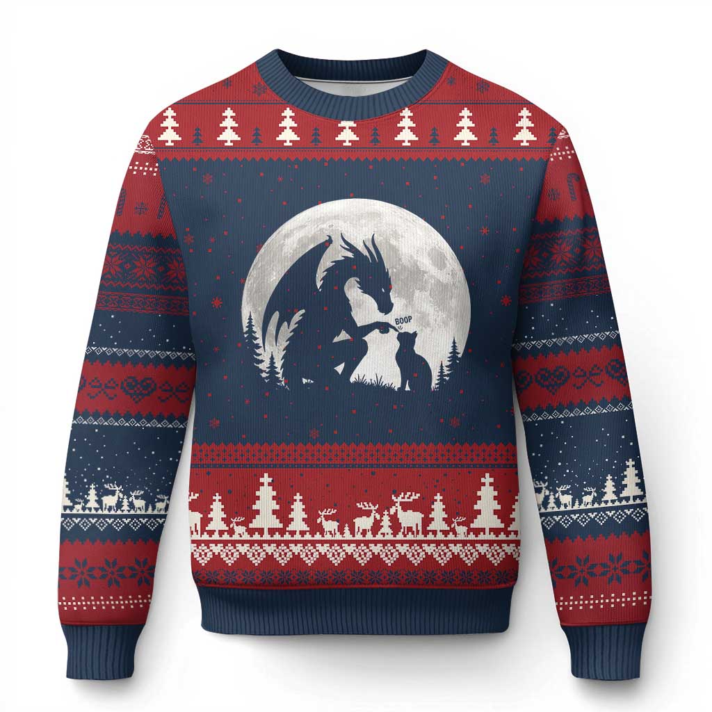 Dragon Boop Cat Full Moon Graphic Ugly Christmas Sweater Cute Fantasy Animal RPG Gamers TS02 Navy Red Print Your Wear