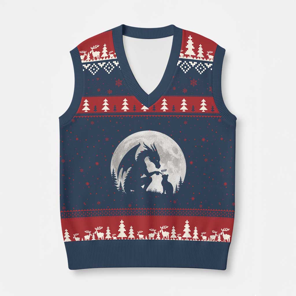 Dragon Boop Cat Full Moon Graphic V-Neck Knit Sweater Vest Cute Fantasy Animal RPG Gamers TS02 Navy Red Print Your Wear