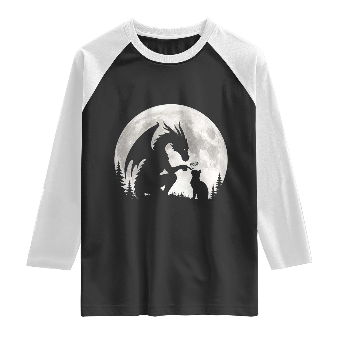 Dragon Boop Cat Full Moon Graphic Raglan Shirt Cute Fantasy Animal RPG Gamers