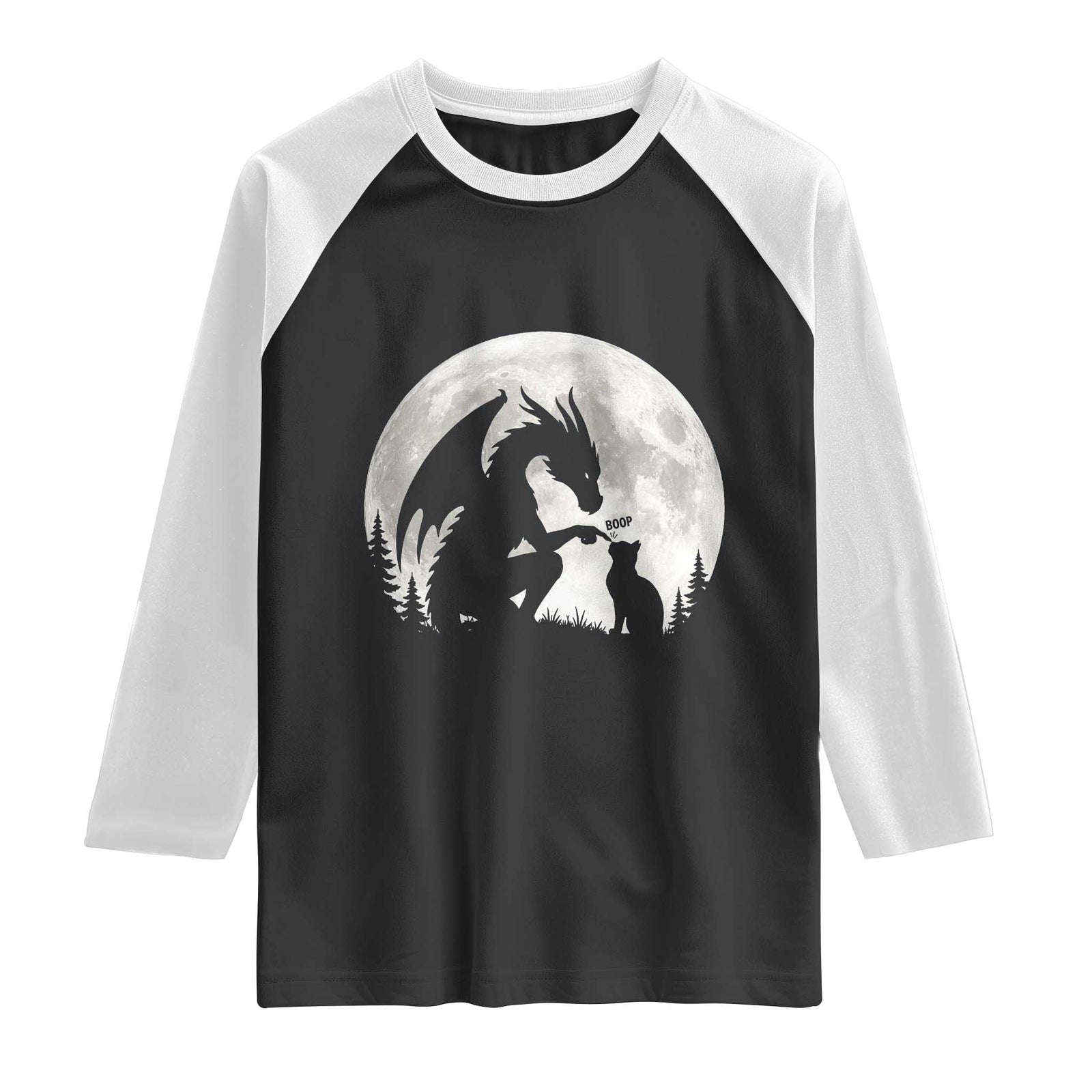 Dragon Boop Cat Full Moon Graphic Raglan Shirt Cute Fantasy Animal RPG Gamers TS02 Black White Print Your Wear