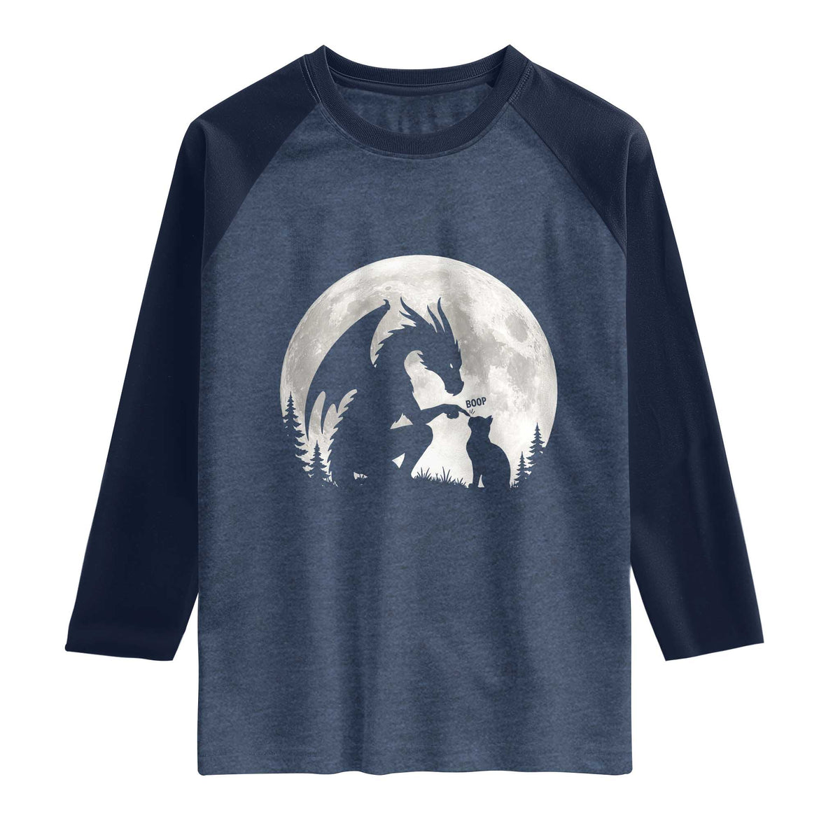 Dragon Boop Cat Full Moon Graphic Raglan Shirt Cute Fantasy Animal RPG Gamers