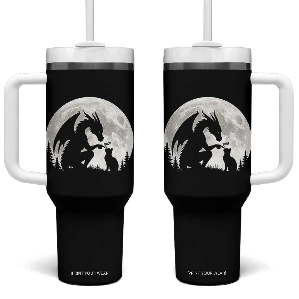 Dragon Boop Cat Full Moon Graphic Tumbler With Handle Cute Fantasy Animal RPG Gamers TS02 One Size: 40 oz Black Print Your Wear