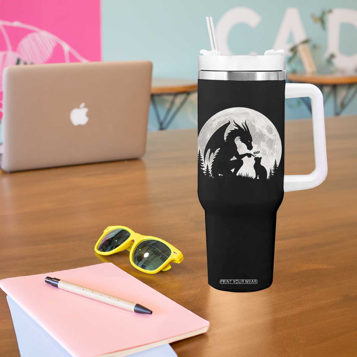 Dragon Boop Cat Full Moon Graphic Tumbler With Handle Cute Fantasy Animal RPG Gamers