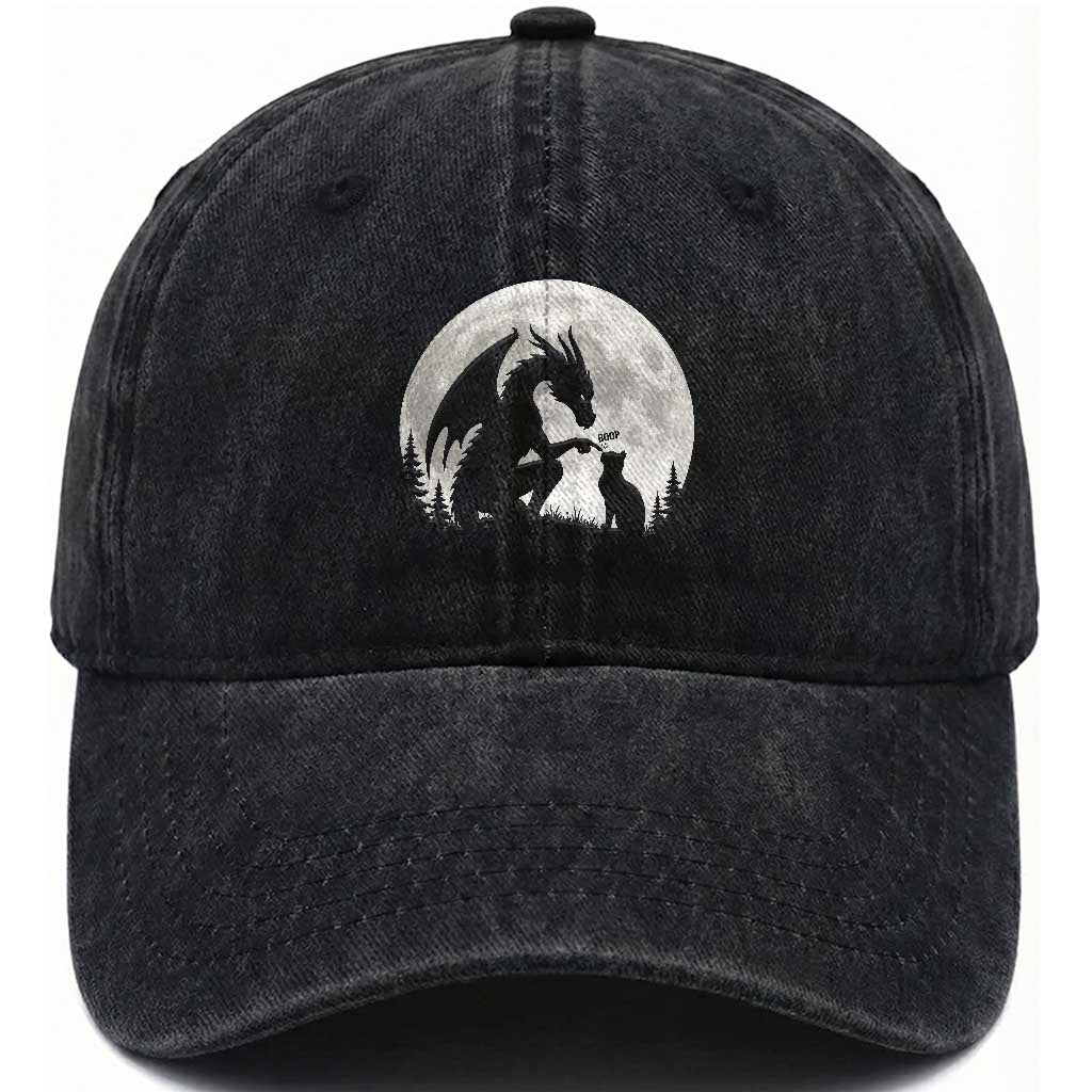 Dragon Boop Cat Full Moon Graphic Washed Cotton Baseball Cap Cute Fantasy Animal RPG Gamers TS02 Print Your Wear