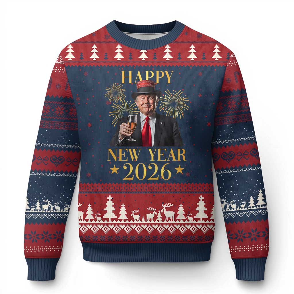 Trump Happy New Year 2026 Ugly Christmas Sweater New America Golden Age TS02 Navy Red Print Your Wear