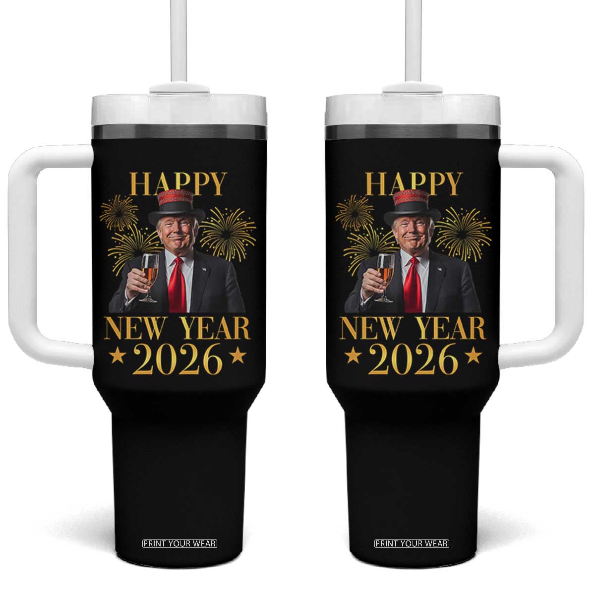 Trump Happy New Year 2026 Tumbler With Handle New America Golden Age TS02 One Size: 40 oz Black Print Your Wear