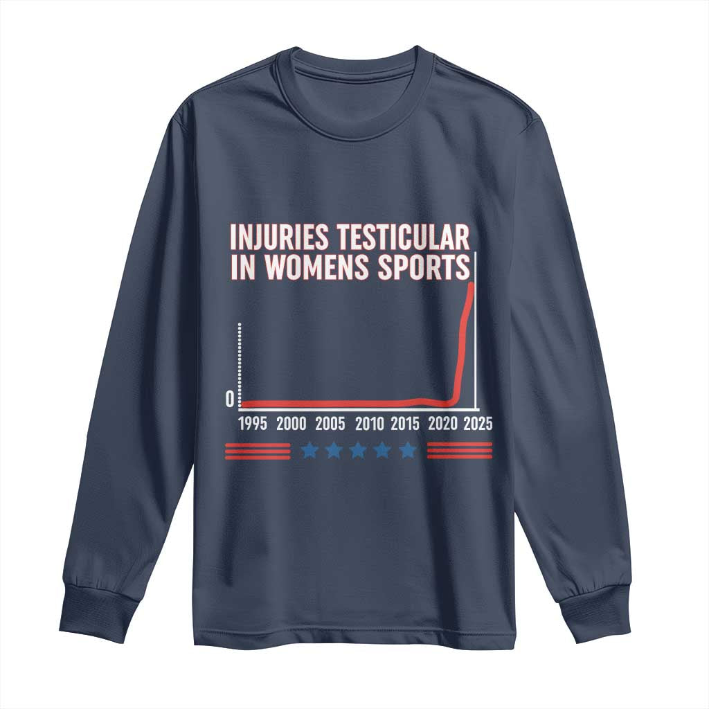 Testicular Injuries in Womens Sports Satirical Graphic Long Sleeve Shirt Dark Humor with Controversial Commentary TS02 Navy Print Your Wear