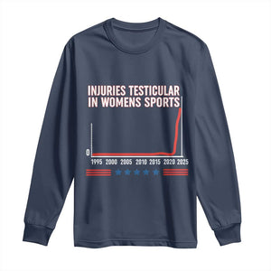 Testicular Injuries in Womens Sports Satirical Graphic Long Sleeve Shirt Dark Humor with Controversial Commentary TS02 Navy Print Your Wear