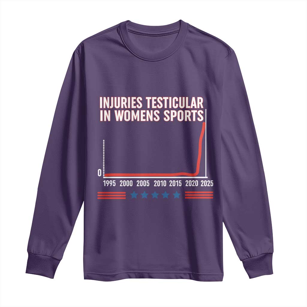 Testicular Injuries in Womens Sports Satirical Graphic Long Sleeve Shirt Dark Humor with Controversial Commentary TS02 Purple Print Your Wear