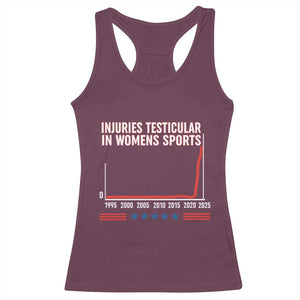 Testicular Injuries in Womens Sports Satirical Graphic Racerback Tank Top Dark Humor with Controversial Commentary TS02 Maroon Print Your Wear