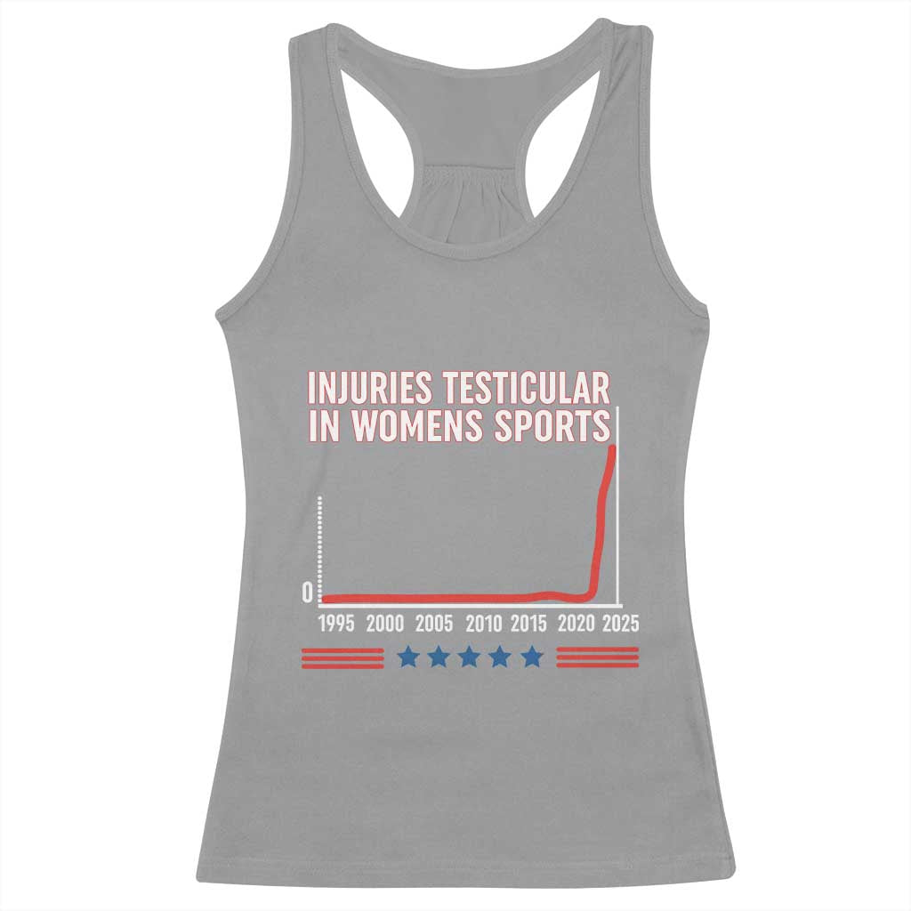 Testicular Injuries in Womens Sports Satirical Graphic Racerback Tank Top Dark Humor with Controversial Commentary TS02 Sport Gray Print Your Wear
