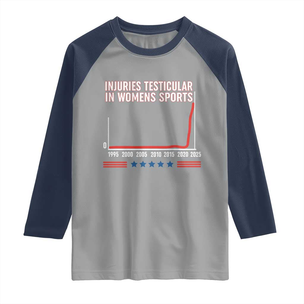 Testicular Injuries in Womens Sports Satirical Graphic Raglan Shirt Dark Humor with Controversial Commentary TS02 Sport Gray Navy Print Your Wear