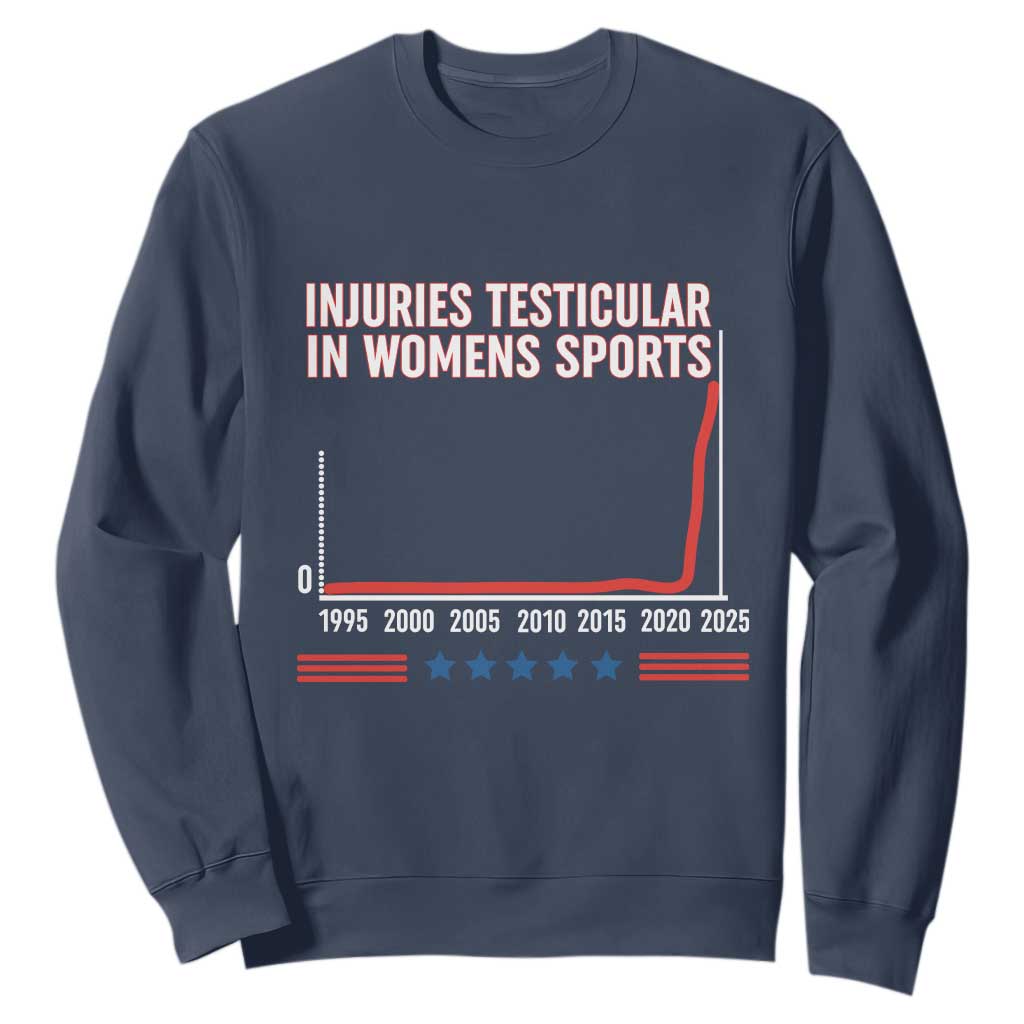 Testicular Injuries in Womens Sports Satirical Graphic Sweatshirt Dark Humor with Controversial Commentary TS02 Navy Print Your Wear