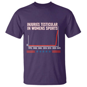Testicular Injuries in Womens Sports Satirical Graphic T Shirt Dark Humor with Controversial Commentary TS02 Purple Print Your Wear