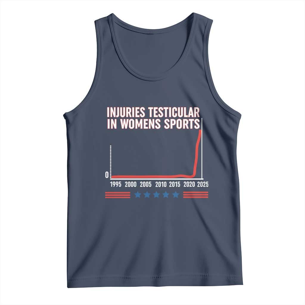Testicular Injuries in Womens Sports Satirical Graphic Tank Top Dark Humor with Controversial Commentary TS02 Navy Print Your Wear