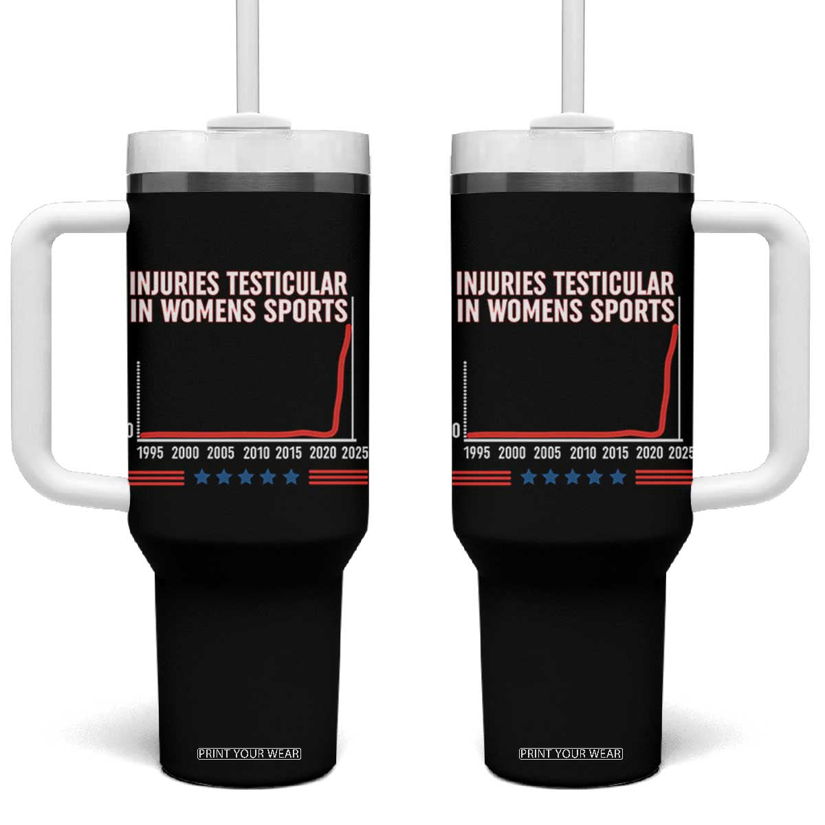 Testicular Injuries in Womens Sports Satirical Graphic Tumbler With Handle Dark Humor with Controversial Commentary TS02 One Size: 40 oz Black Print Your Wear