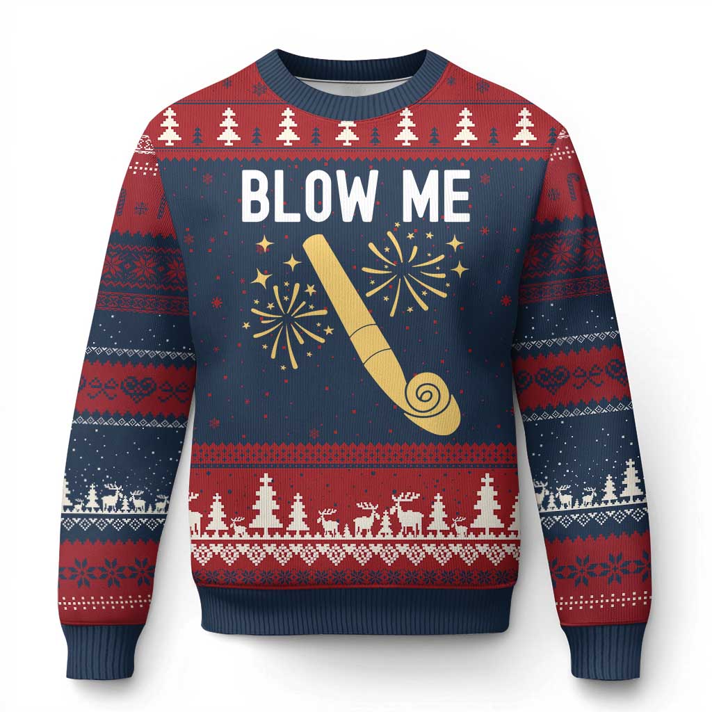 Funny Offensive Blow Me Ugly Christmas Sweater Adult Humor Party Celebration TS02 Navy Red Print Your Wear