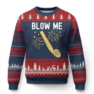 Funny Offensive Blow Me Ugly Christmas Sweater Adult Humor Party Celebration TS02 Navy Red Print Your Wear