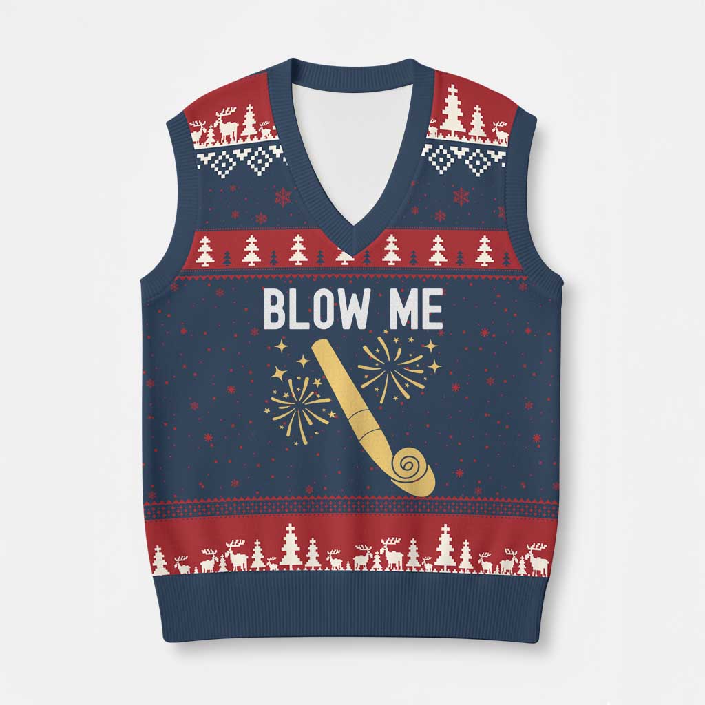 Funny Offensive Blow Me V-Neck Knit Sweater Vest Adult Humor Party Celebration TS02 Navy Red Print Your Wear