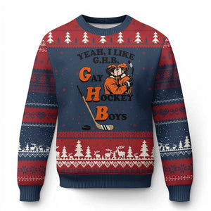 Yeah I Like GHB Gay Hockey Boys Ugly Christmas Sweater LGBTQ Pride Hockey Fan TS02 Navy Red Print Your Wear