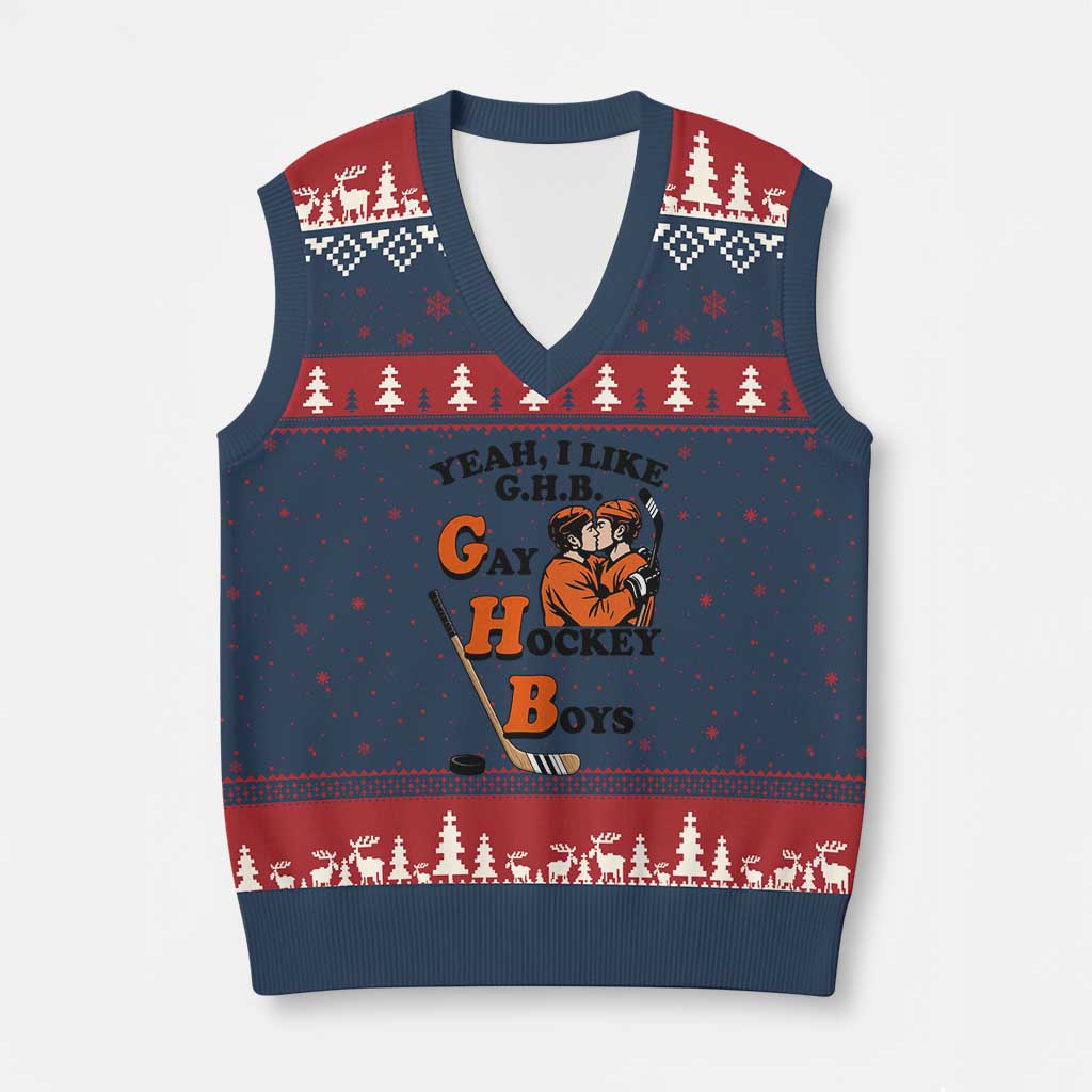 Yeah I Like GHB Gay Hockey Boys V-Neck Knit Sweater Vest LGBTQ Pride Hockey Fan TS02 Navy Red Print Your Wear