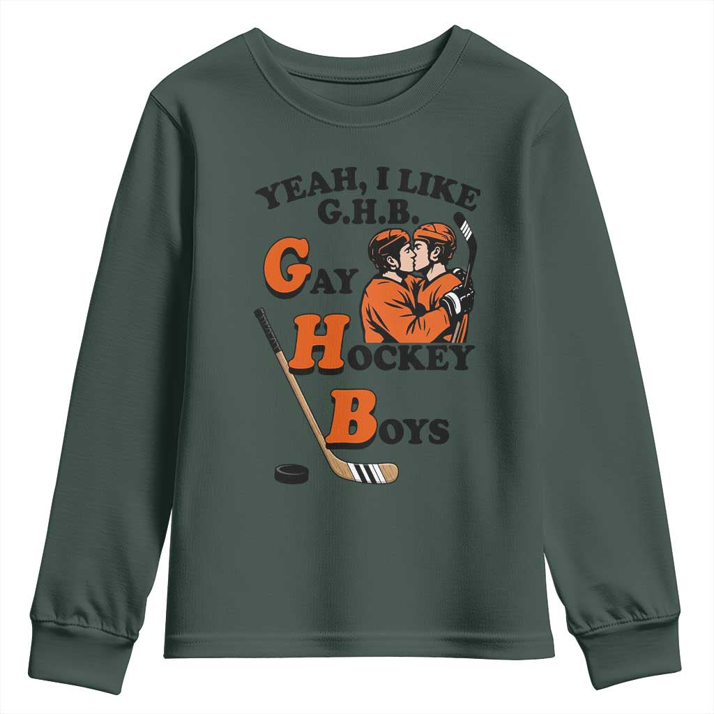 Yeah I Like GHB Gay Hockey Boys Youth Sweatshirt LGBTQ Pride Hockey Fan TS02 Dark Forest Green Print Your Wear