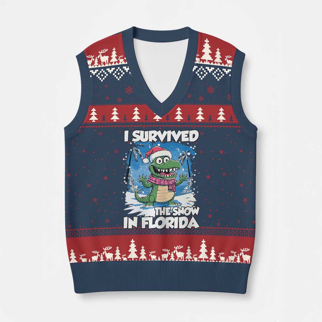 I Survived The Snow In Florida V-Neck Knit Sweater Vest Funny Crocodile TS02 Navy Red Print Your Wear