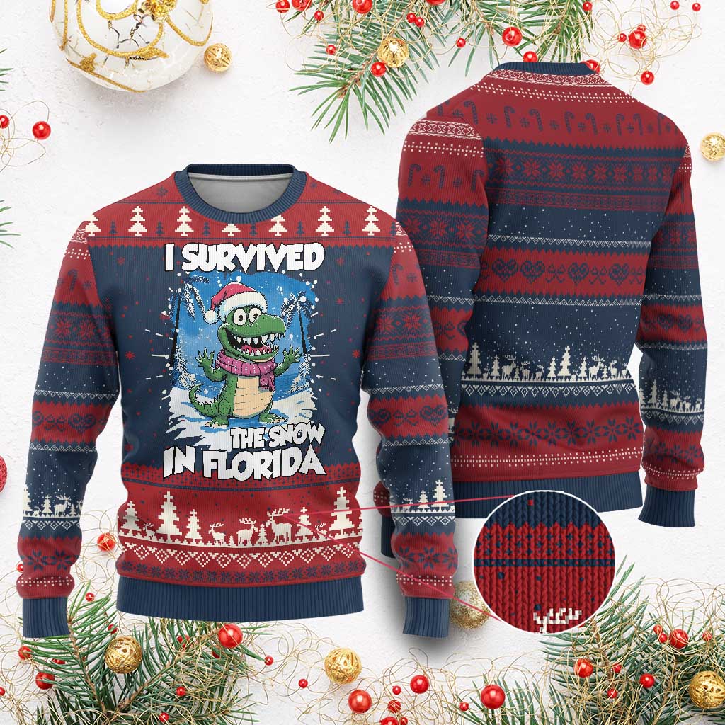 I Survived The Snow In Florida Knit Sweatshirt Funny Crocodile TS02 Burgundy Print Your Wear