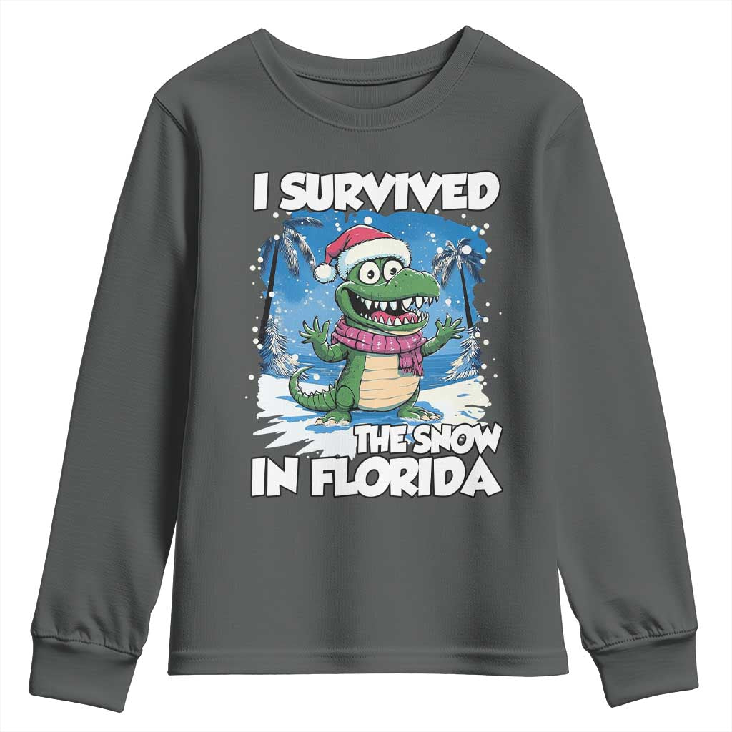 I Survived The Snow In Florida Youth Sweatshirt Funny Crocodile TS02 Dark Heather Print Your Wear