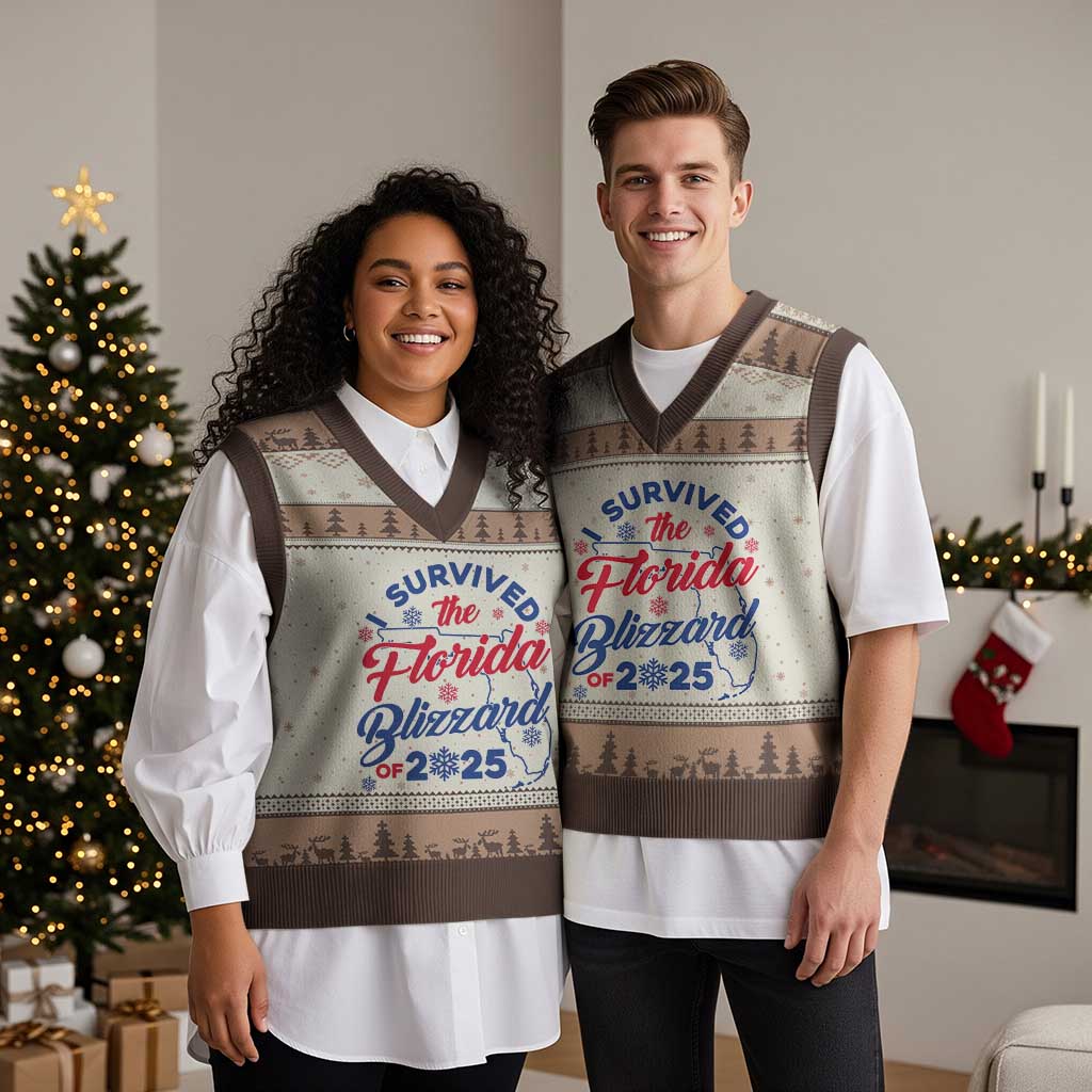 I Survived The Florida Blizzard Of 2025 V-Neck Knit Sweater Vest TS02 Mocha Mousse Print Your Wear