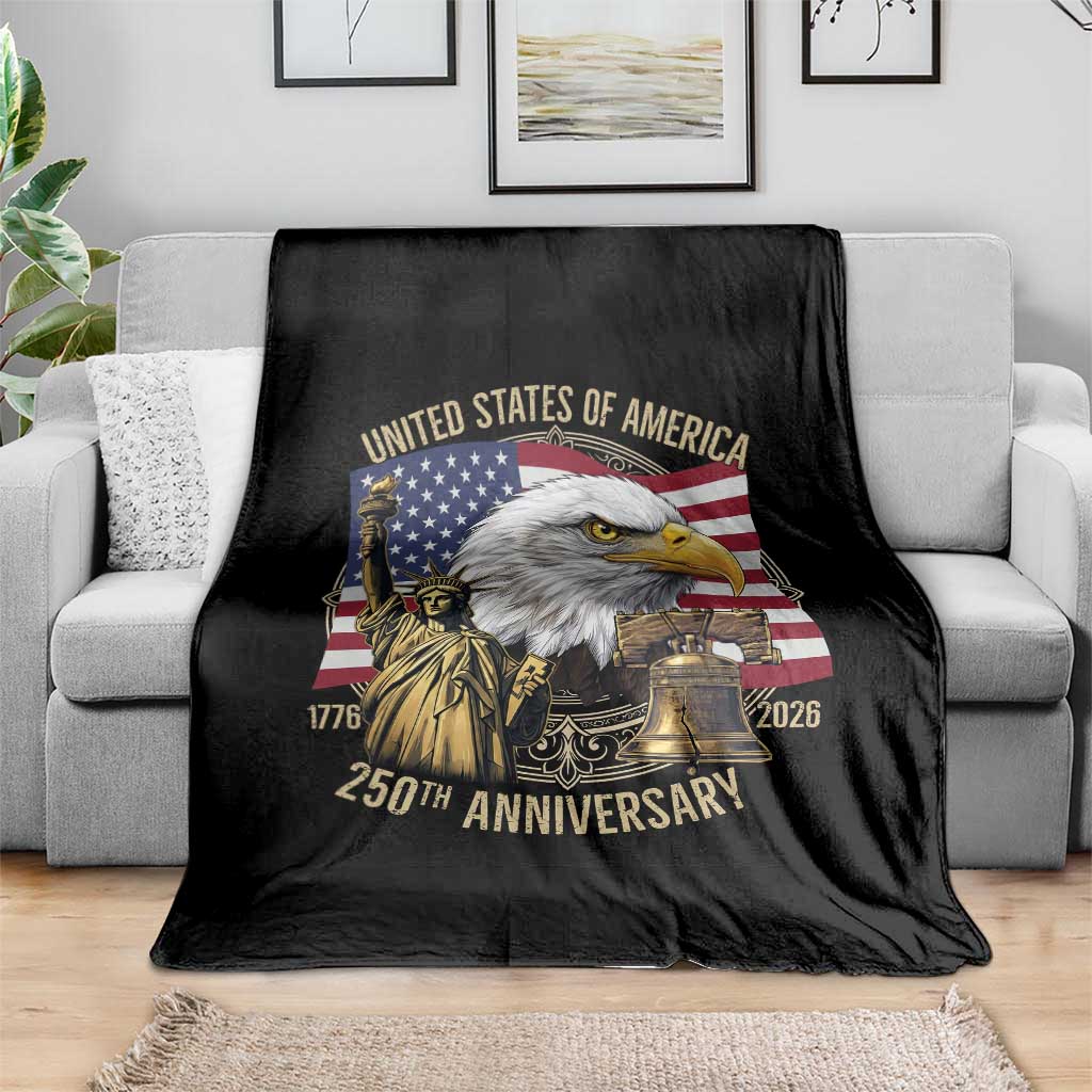 USA 250th Anniversary 1776 2026 4th of July Throw Blanket Patriotic Eagle Liberty Bell Statue of Liberty Graphic TS02 Print Your Wear