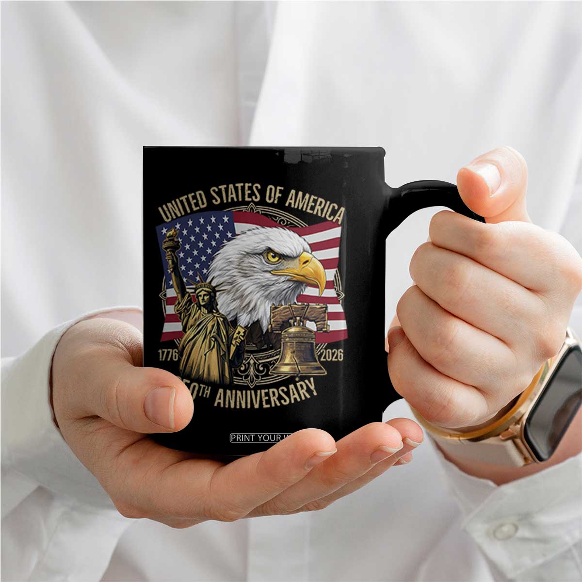 USA 250th Anniversary 1776 2026 4th of July Coffee Mug Patriotic Eagle Liberty Bell Statue of Liberty Graphic TS02 Print Your Wear