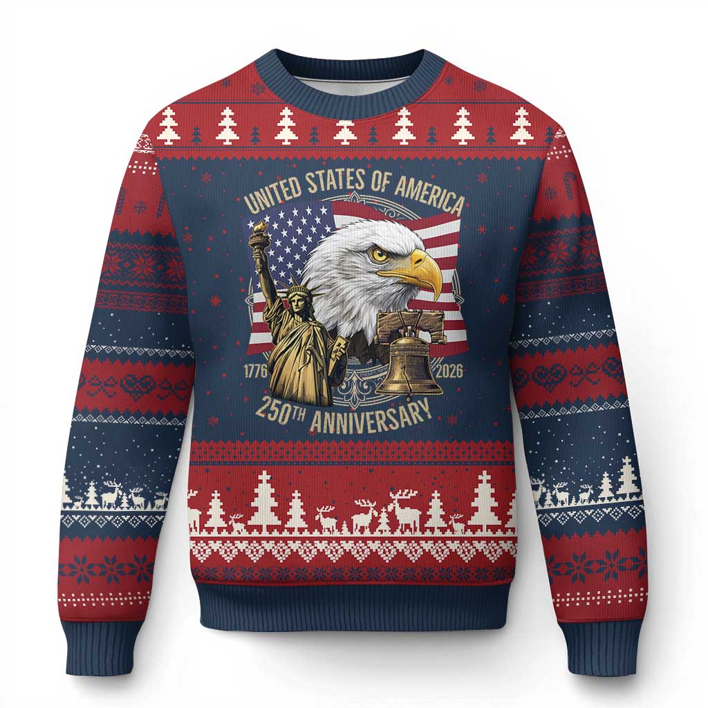 USA 250th Anniversary 1776 2026 4th of July Ugly Christmas Sweater Patriotic Eagle Liberty Bell Statue of Liberty Graphic TS02 Navy Red Print Your Wear