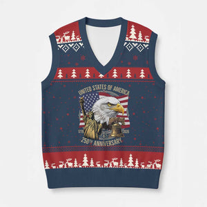 USA 250th Anniversary 1776 2026 4th of July V-Neck Knit Sweater Vest Patriotic Eagle Liberty Bell Statue of Liberty Graphic TS02 Navy Red Print Your Wear